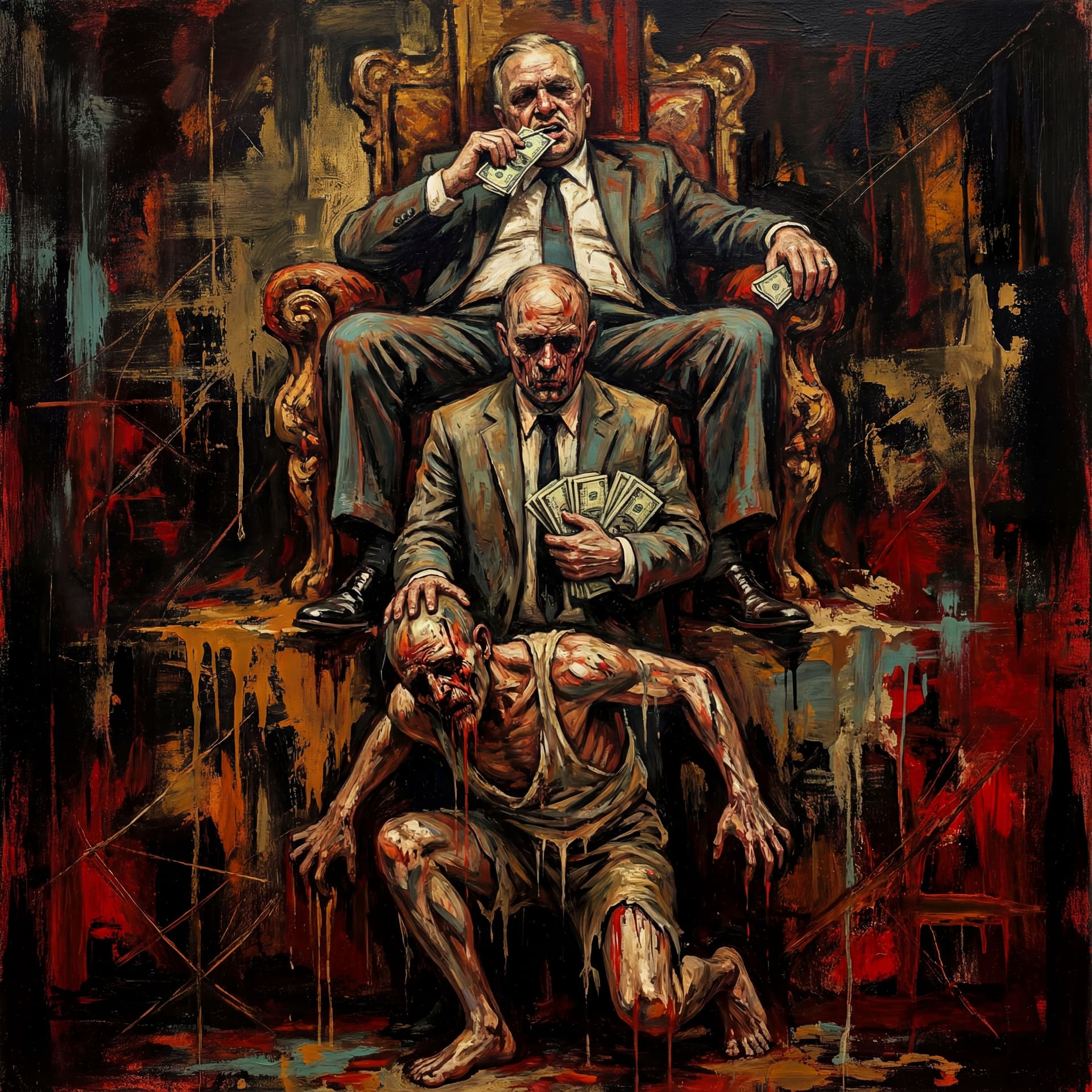 AI generated: A dark, raw expressionist painting depicting a brutal social hierarchy.

At the very bottom sits a s...