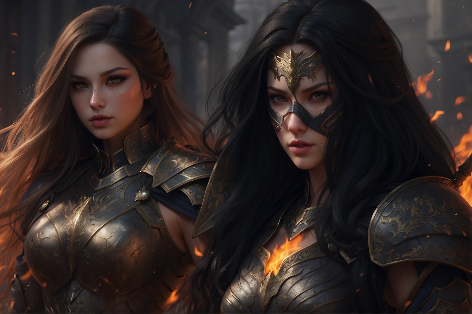 AI generated: Realistic women with black scary armor, Holding fire Sword, human face, long hair, perfectly detaile...