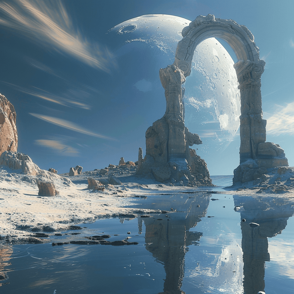 AI generated: an ancient ruined archway on the moon, fantasy, ruins of an alien civilization, concept art, blue sk...