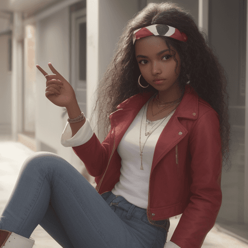 AI generated: A 16 Year Old Girl With Long Black Curly Hair And Brown Skin With A white t-Shirt And A Dark Red Jac...