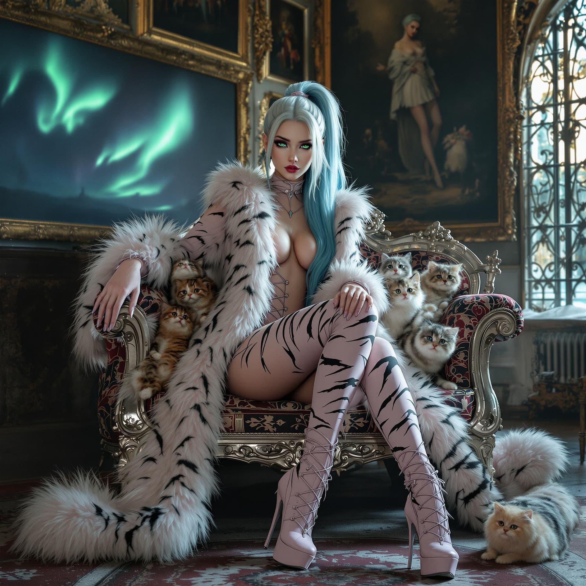 AI generated: Evergarden, full body open furry costume with feet, girl with kittens and ponytail, tiger eyes, extr...