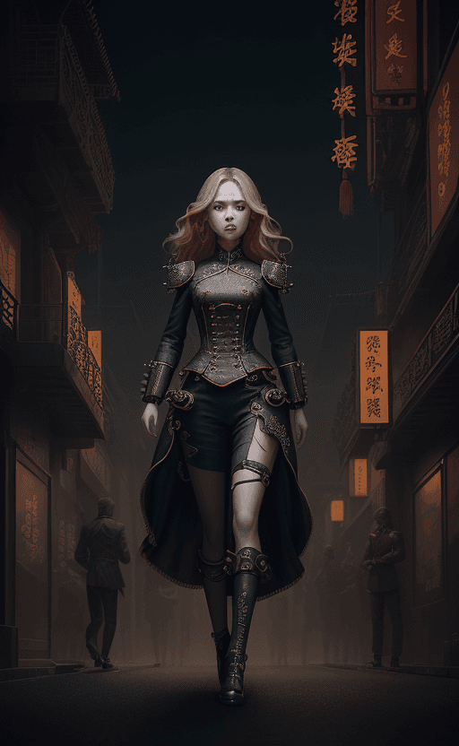 AI generated: Cai GuoRUN's illustration style, A confident woman stands in an urban night setting with shoulder-le...