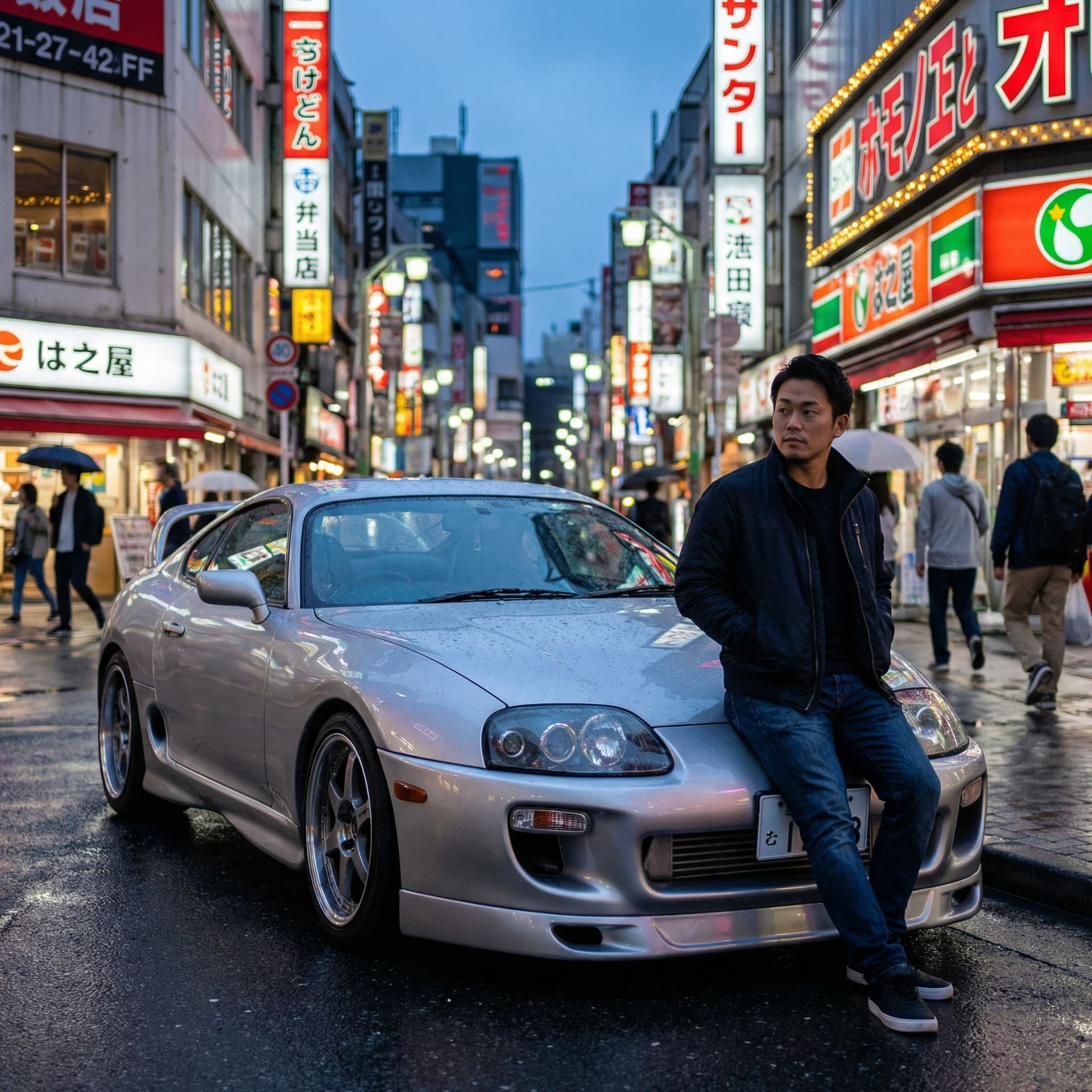 AI generated: make a hyper realistic man in tokyo city stand above supra mk 4

