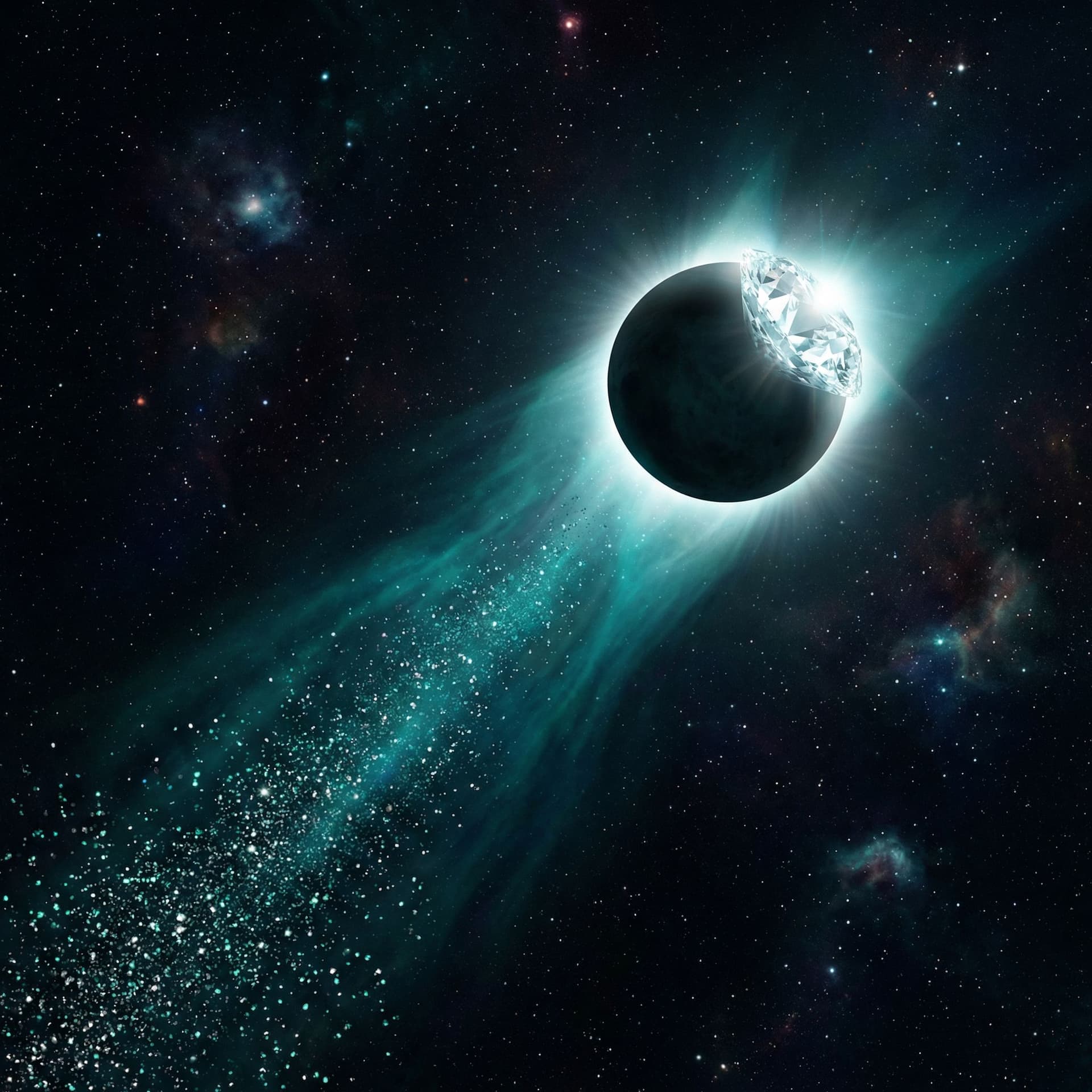 AI generated: a diamond comet that looks like an eclipse with a long Teal tail with teal and silver sparkles sprin...