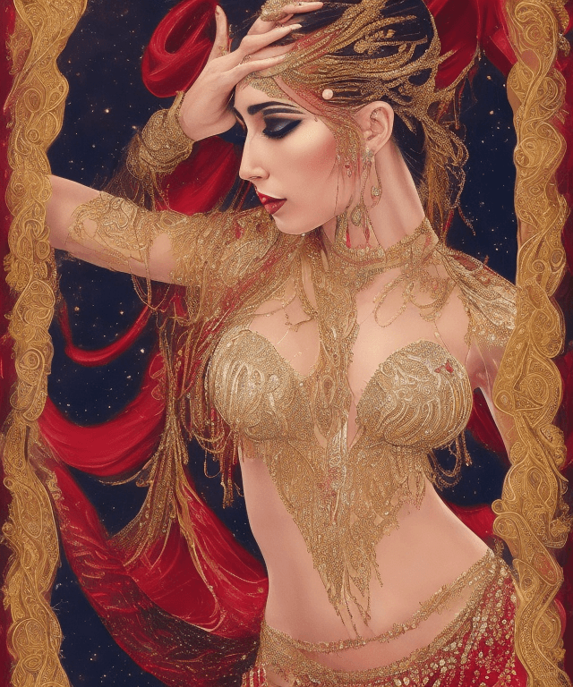 AI generated: a high-resolution portrait of a beautiful 25 year old belly dancer wearing exquisite flowing red sil...