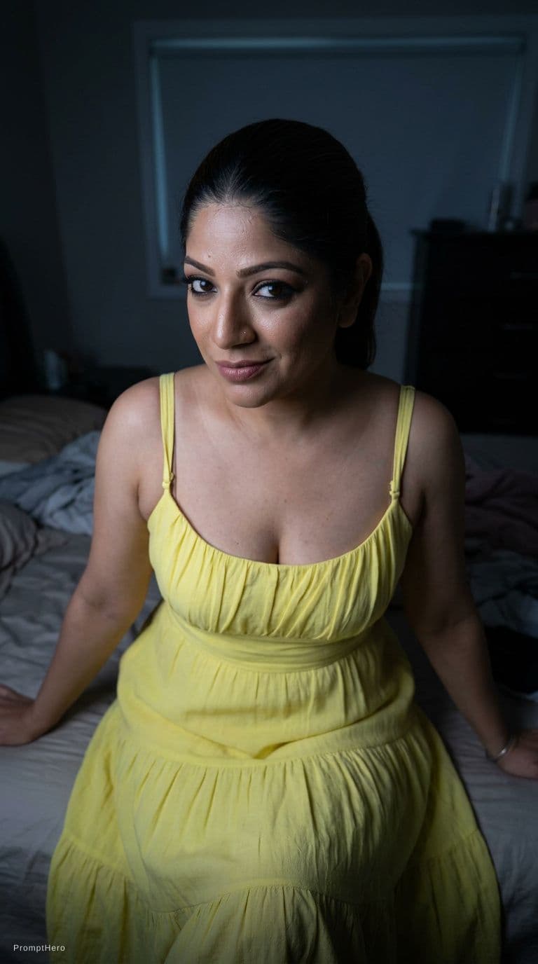 AI generated: looking at me. Sitting on a bed at night(no lights), wearing same (cleavage) dress, teasing, keep or...