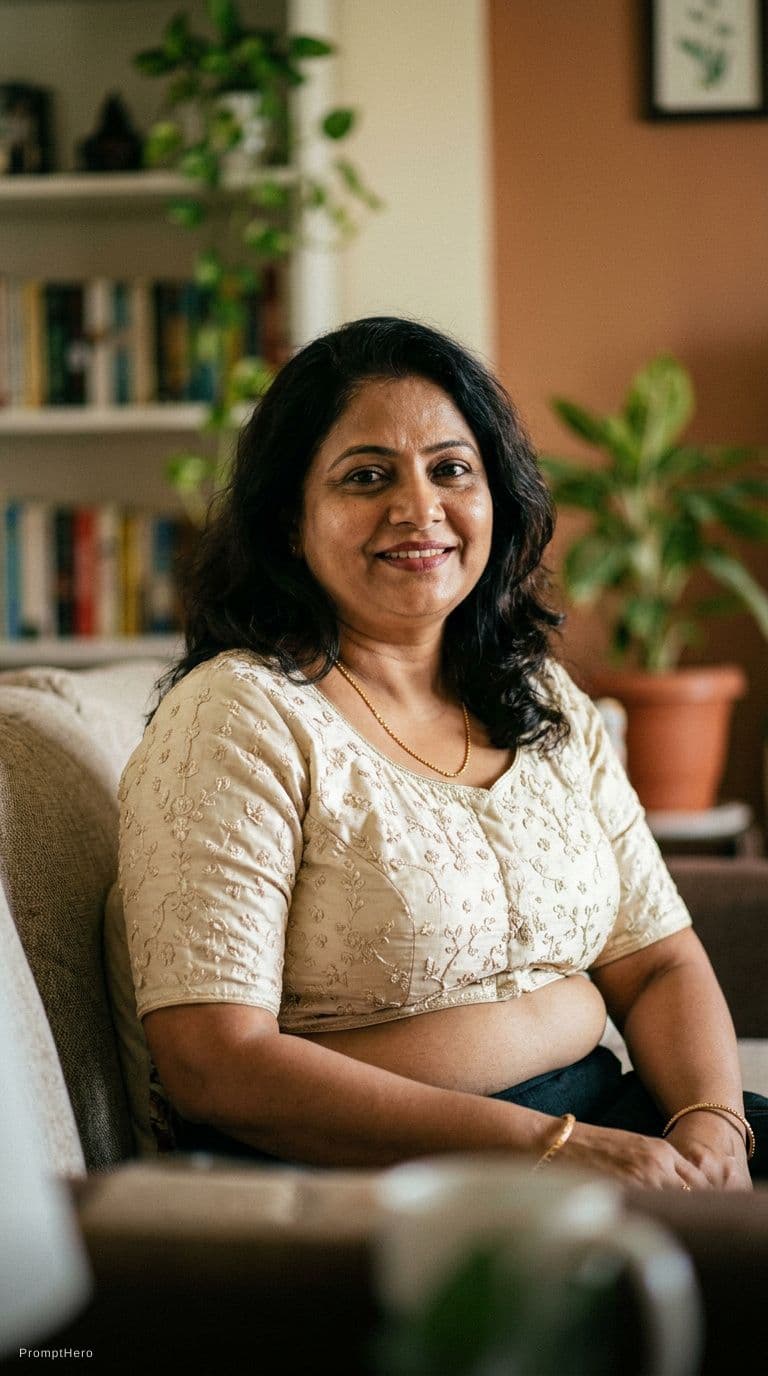 AI generated: Aunty in her blouse only with big body