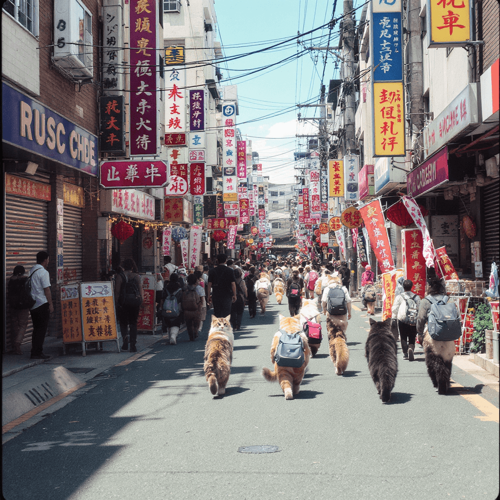 AI generated: Wide shot captured on 35mm film of a bustling academy street filled with numerous academy signs and ...