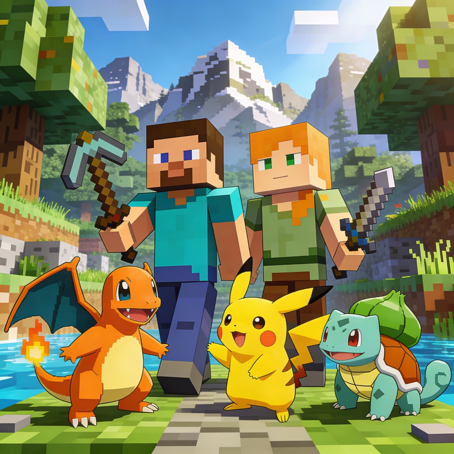 AI generated: High-quality crossover illustration featuring Minecraft characters and Pokémon together in the same ...