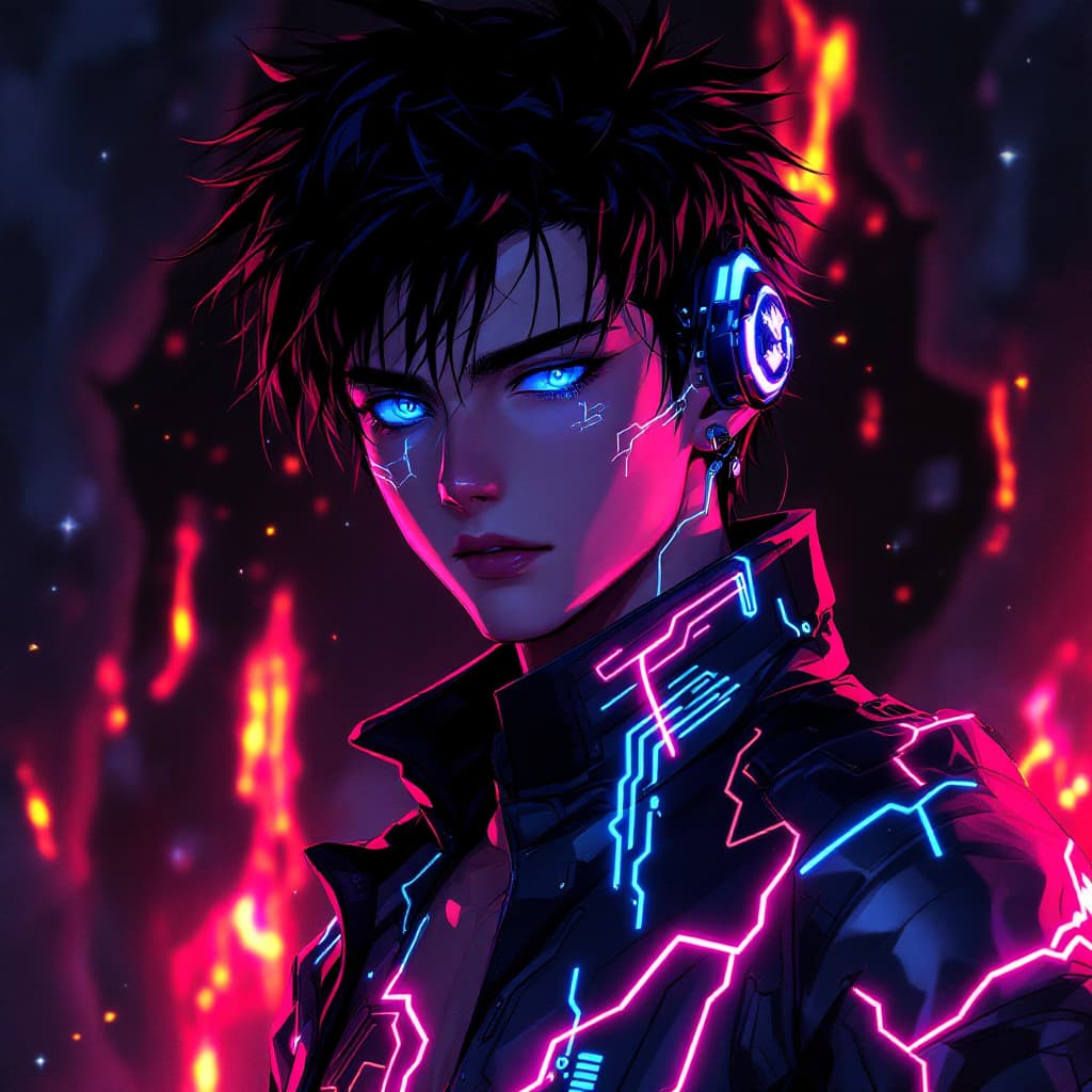 AI generated: A futuristic anime illustration of a boy with androgynous features, piercing blue eyes, and jet-blac...