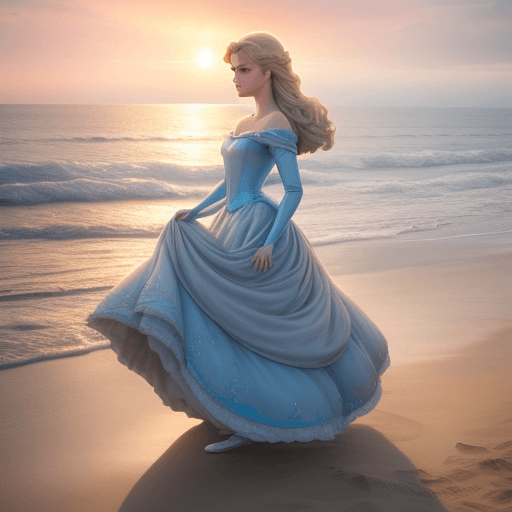AI generated: Photo disney princess cinderella maden of sand on the beach, dramatic light, pale sunrise, cinematic...