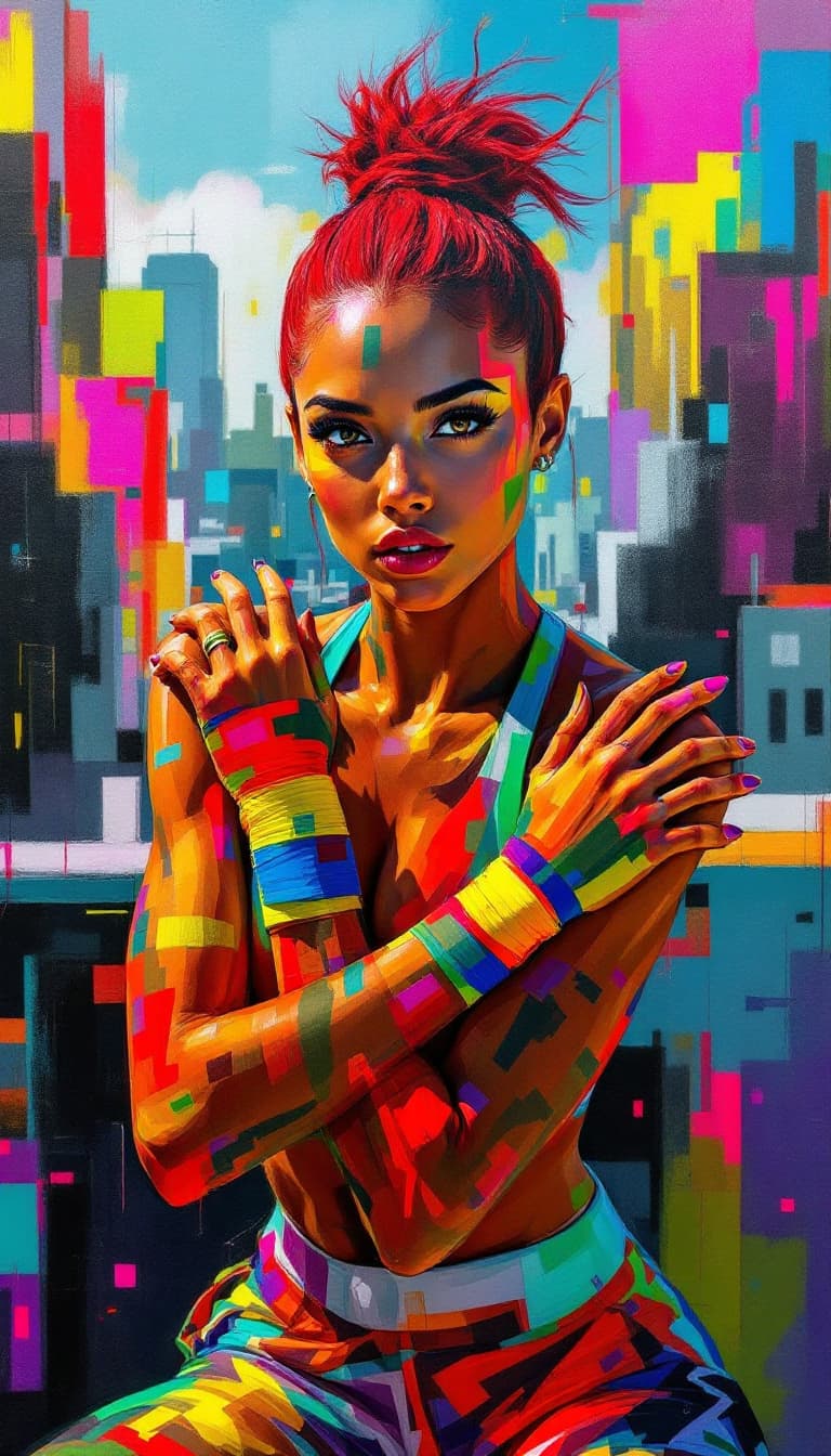 AI generated: "Urban Choreographer in Neon Hues": A mesmerizing abstract painting portrays the spirit of a 23-year...