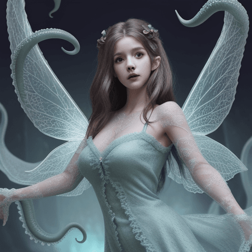 AI generated: Young female fairy flying with lacey dress.
Creature with a tentacles and a mans face.