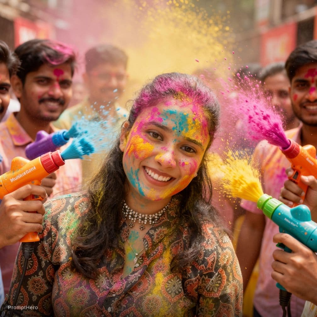 AI generated: "Doston ke sath rangeen pichkari pakde hue khilte hue muskaan ke sath khadi ho. Pichkari se rangon k...