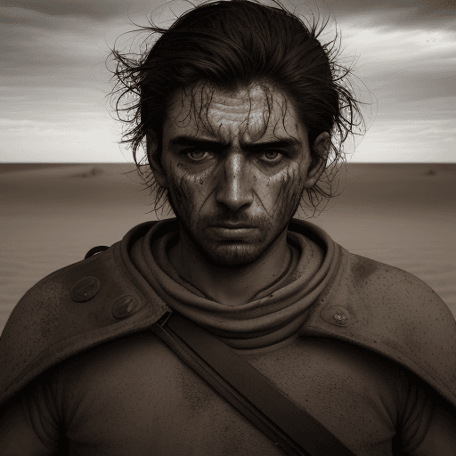 AI generated: Ramiro Cubria, a famous Argentine influencer, looks at the enemy, stands after the battle, fear and ...