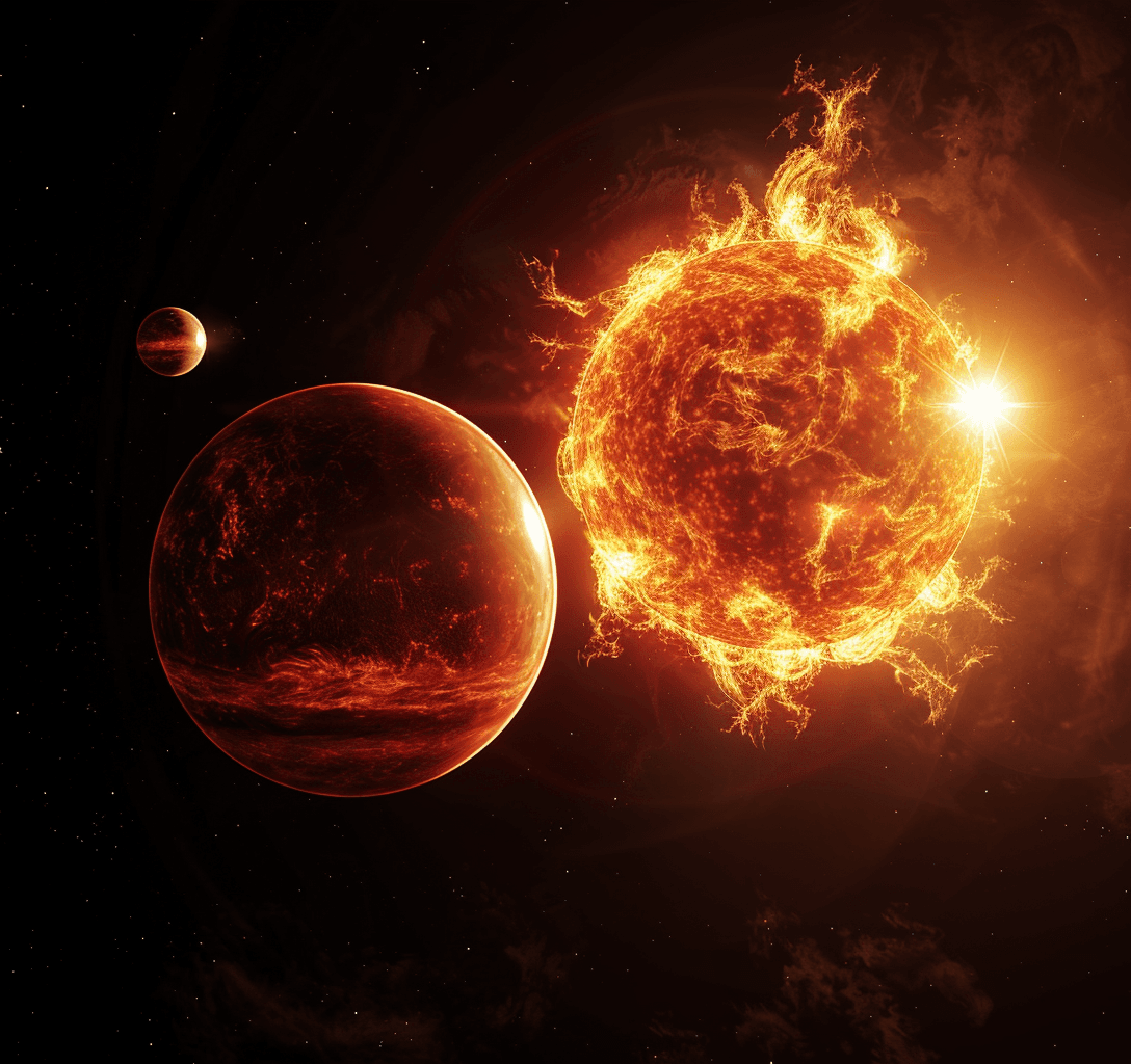 AI generated: The sun and two planets, one with red color flames, the other in deep orange hues, against black bac...