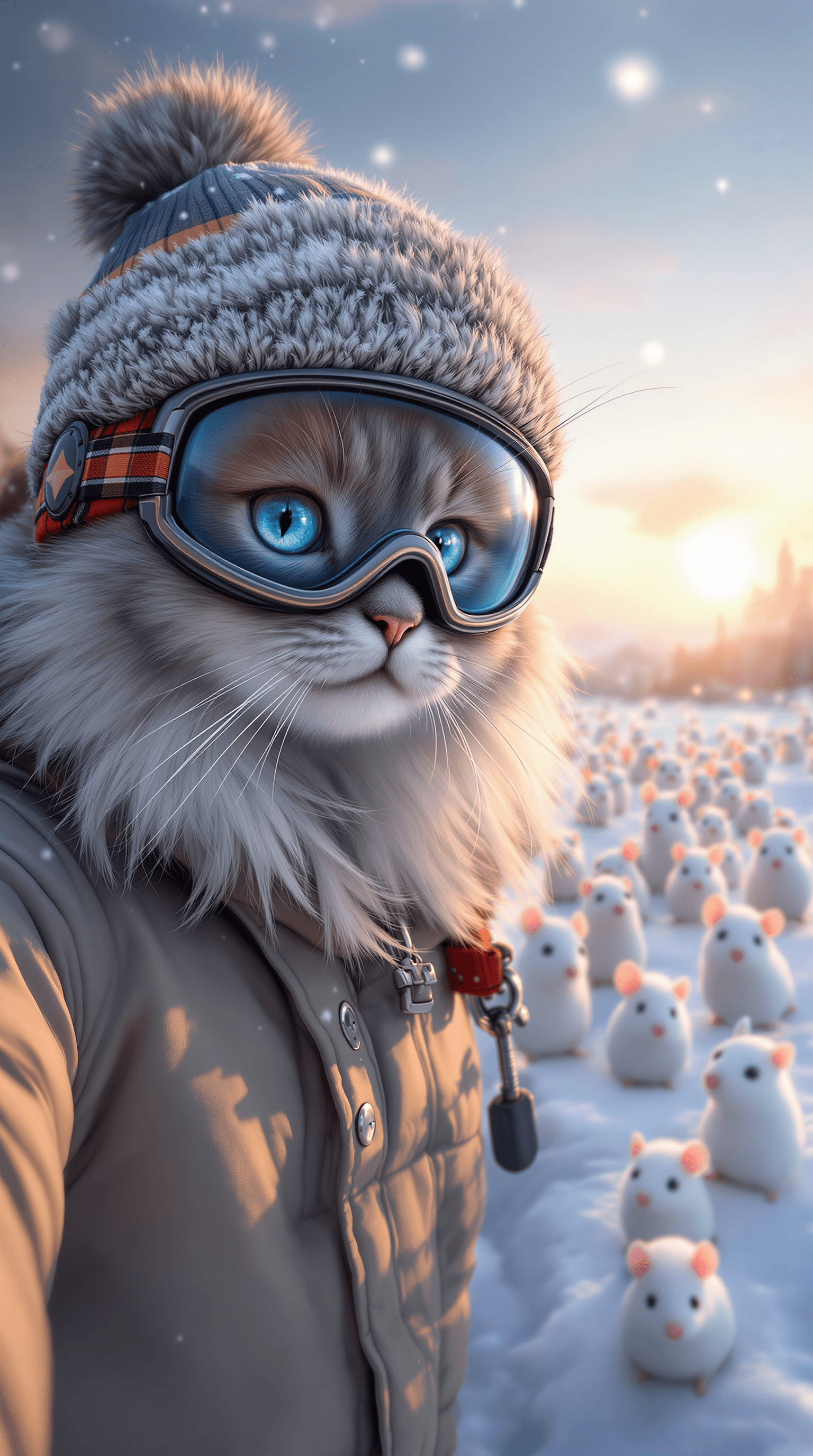 AI generated:  In the snow, there is an ice field with many mice standing on it. A real cute persian cat wearing S...