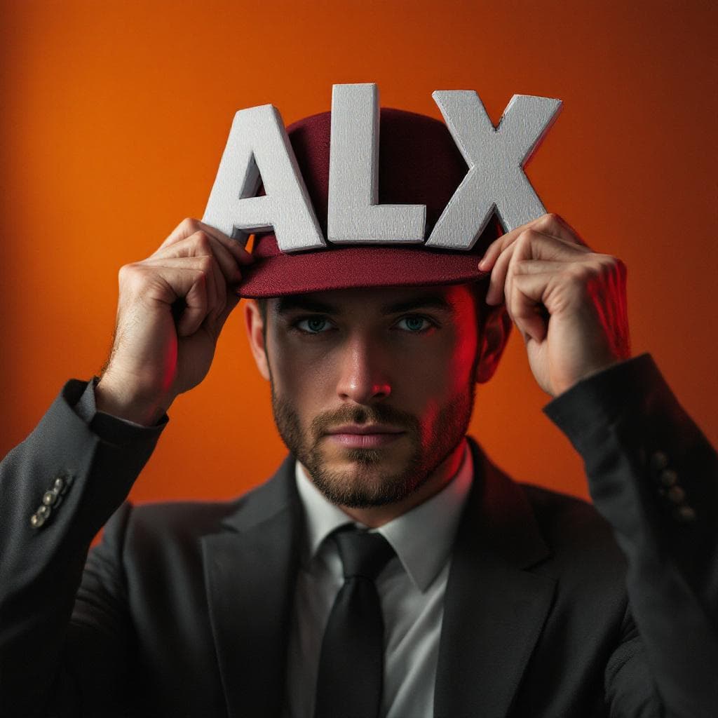 AI generated: a man with a superman cap holding the letter ALX over his head
