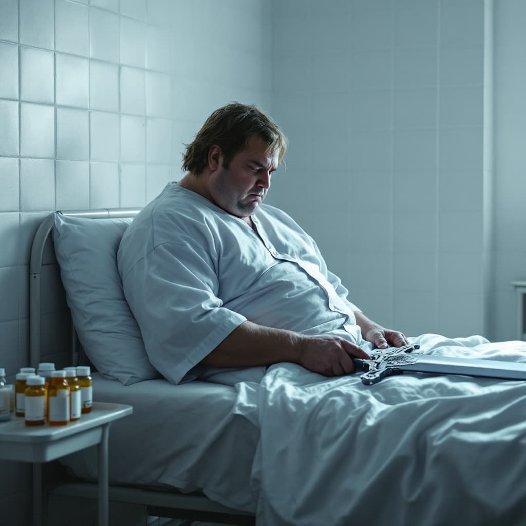 AI generated: "Side view of a depressed and overweight He-Man sitting on the edge of a hospital bed, head slightly...