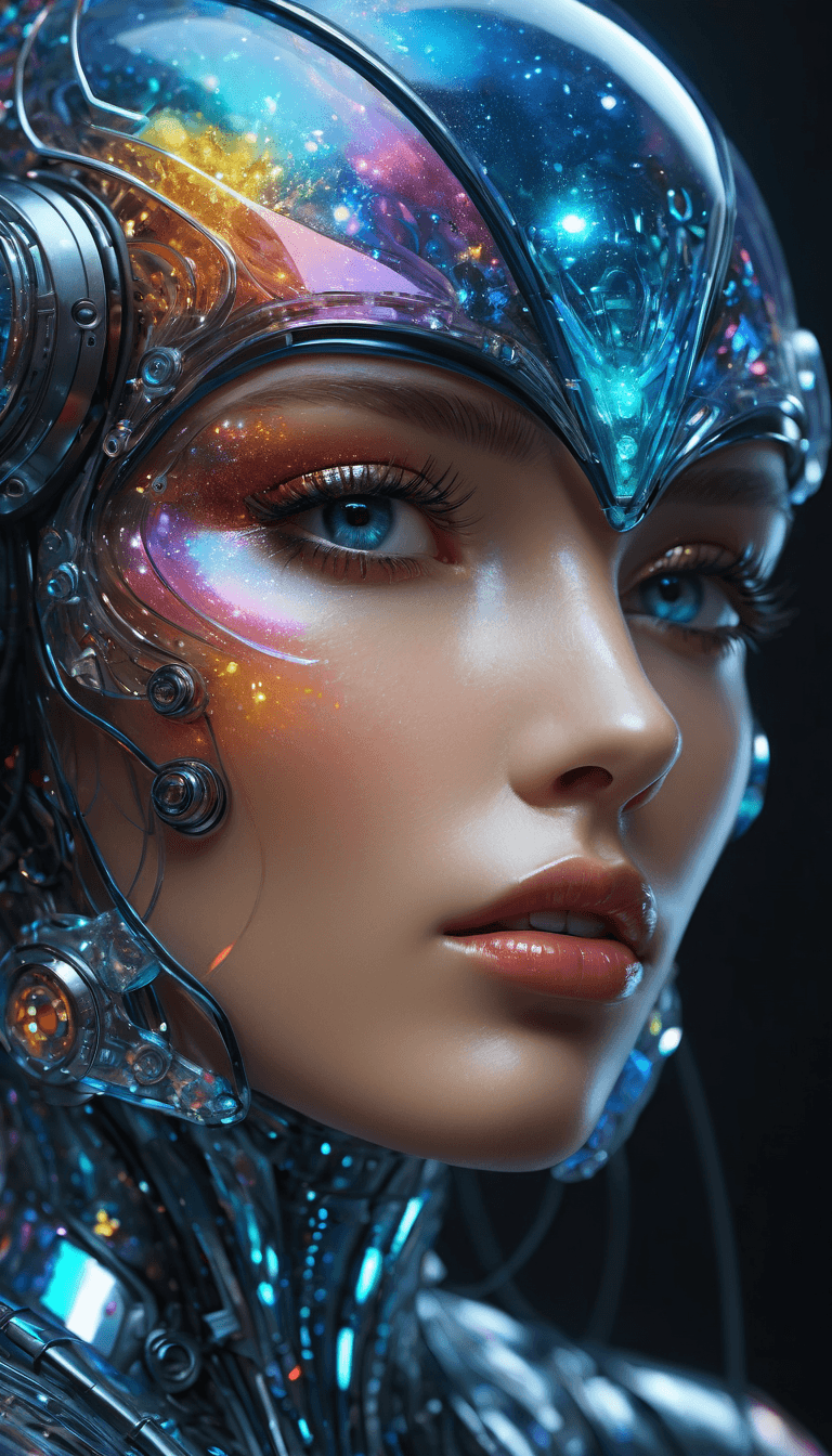 AI generated: In this mesmerizing depiction, envision a psychedelic organic cyborg encapsulated in holographic pla...