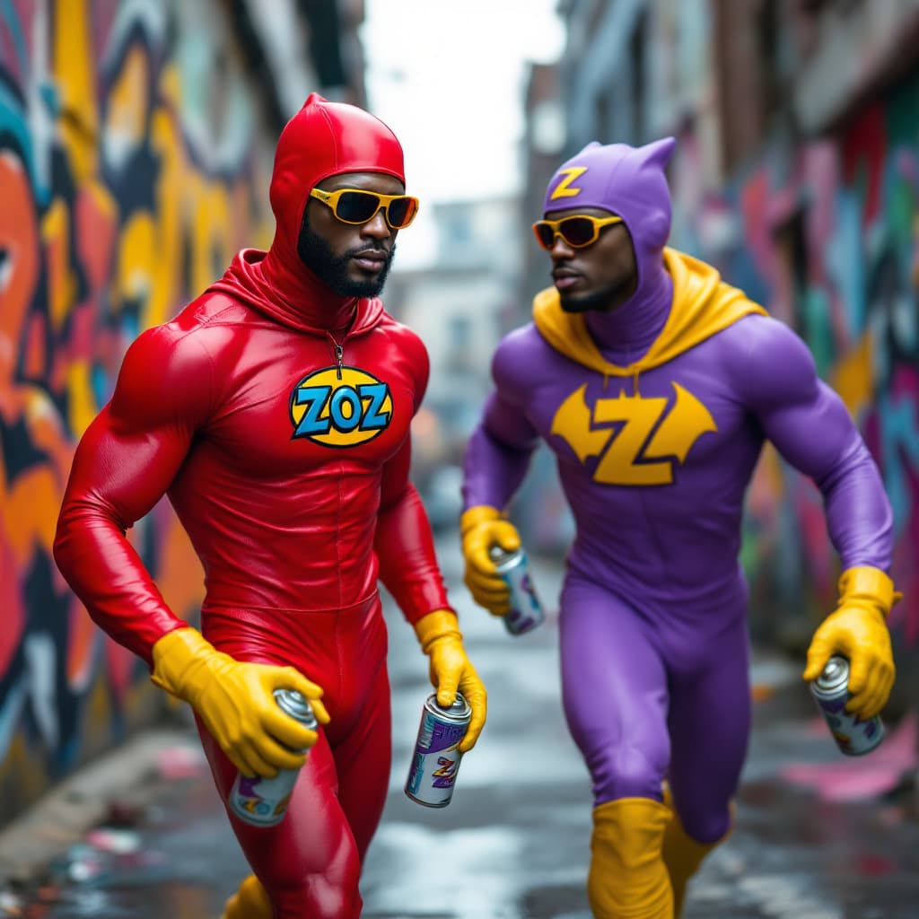 AI generated: Hyper realistic A BLACKMAN IN A RED SPANDEX SUIT with a zoz logo on his chest , WITH YELLOW GLOVES A...