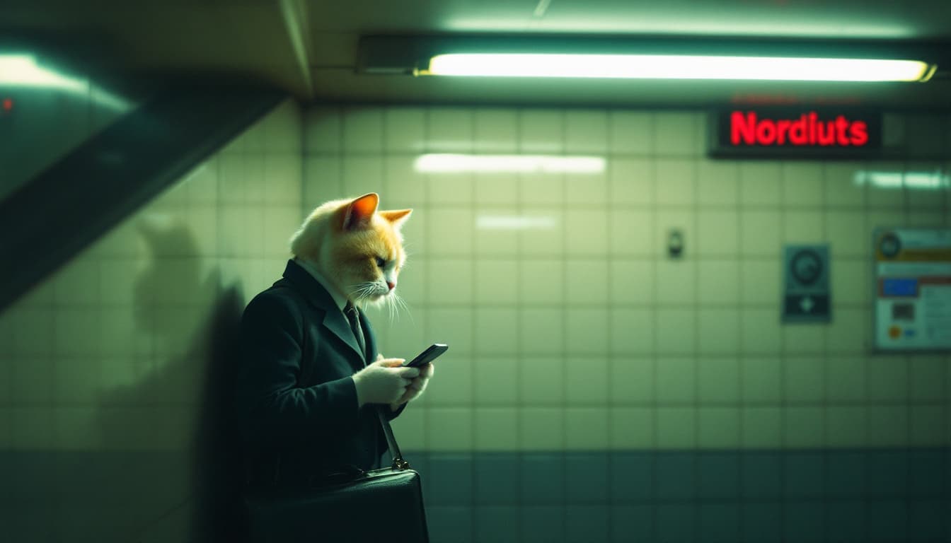 AI generated: an anthropomorphic cream cute cat wearing Suit, briefcase, cellphone, coffee standing alone in a sub...