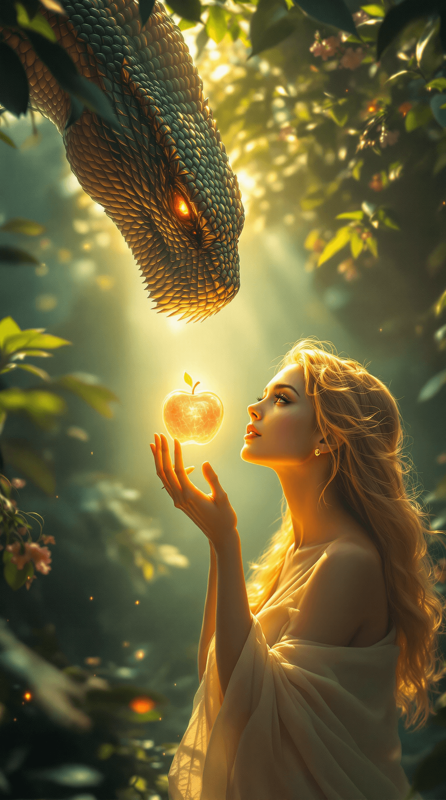 AI generated: A **breathtaking, cinematic masterpiece** depicting **Eve in the Garden of Eden**, bathed in an **et...