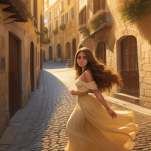 AI generated: In the quiet evening of a sunny day, a young woman of Latin origin walks gracefully through the cobb...