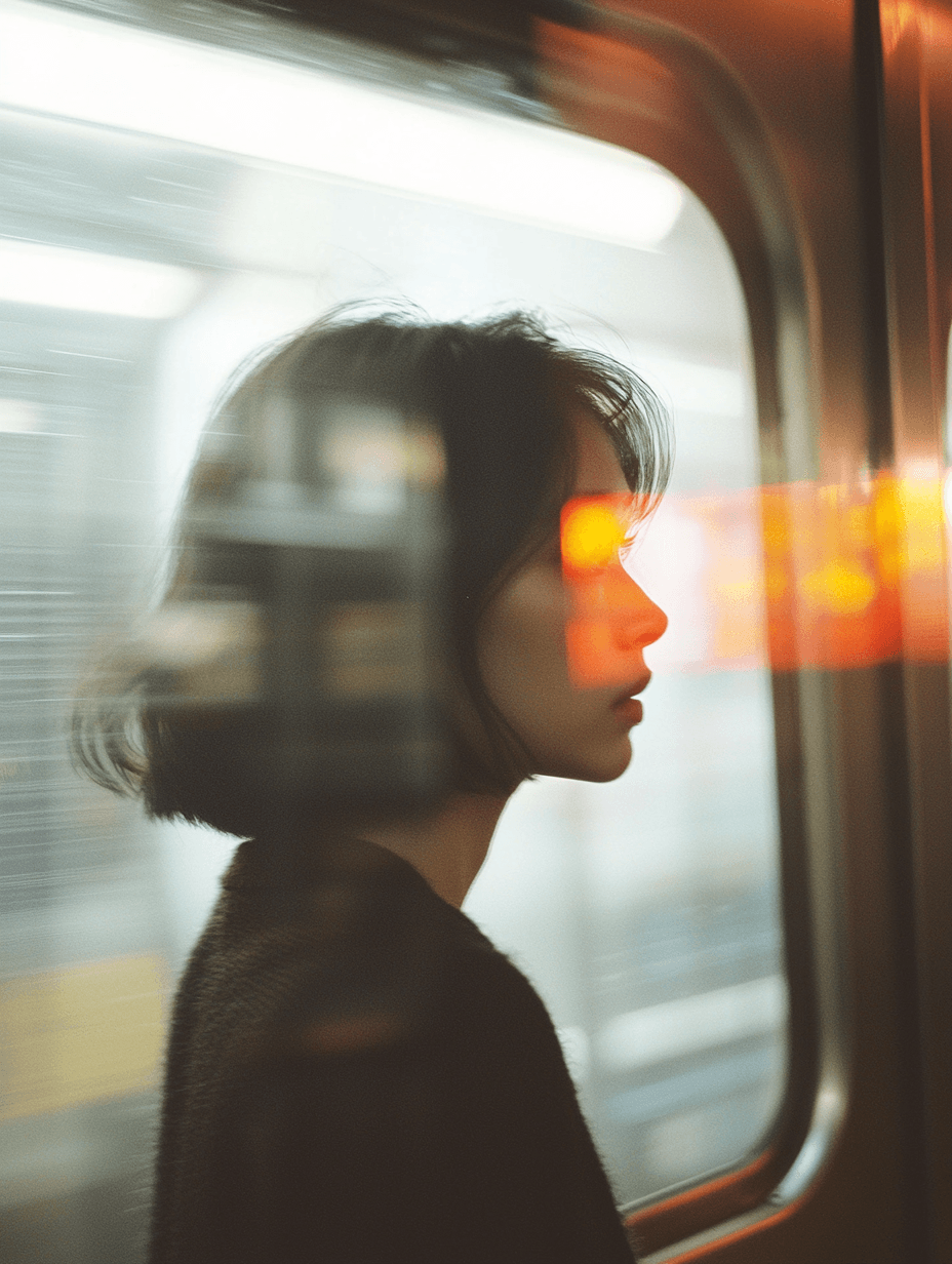 AI generated: A blurry photograph of a woman standing in front of a subway car, captured by a Hasselblad X2D 80mm ...