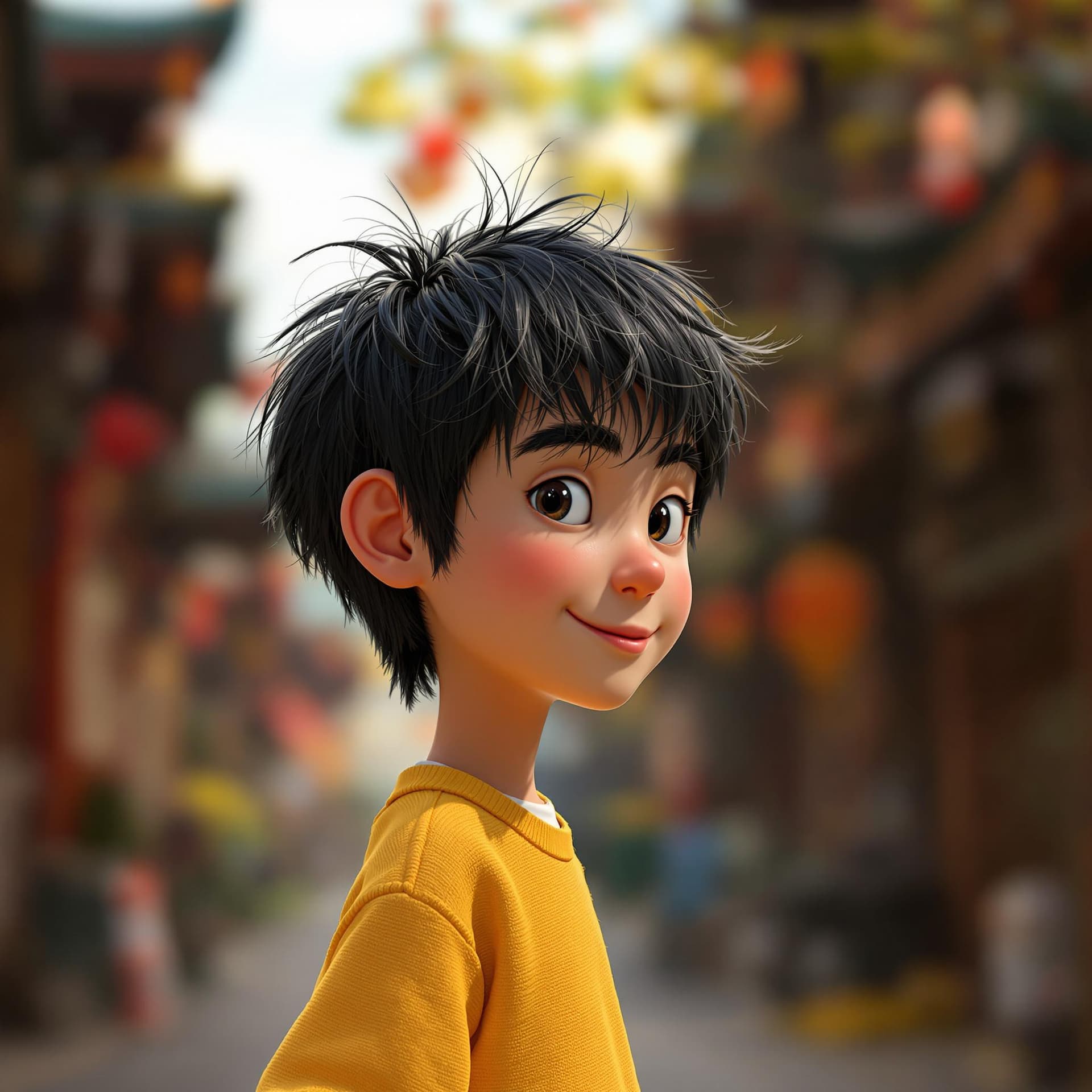 AI generated: A Chinese boy with black hair and yellow shirt, rendered in cinema4d style, charming character, I ca...