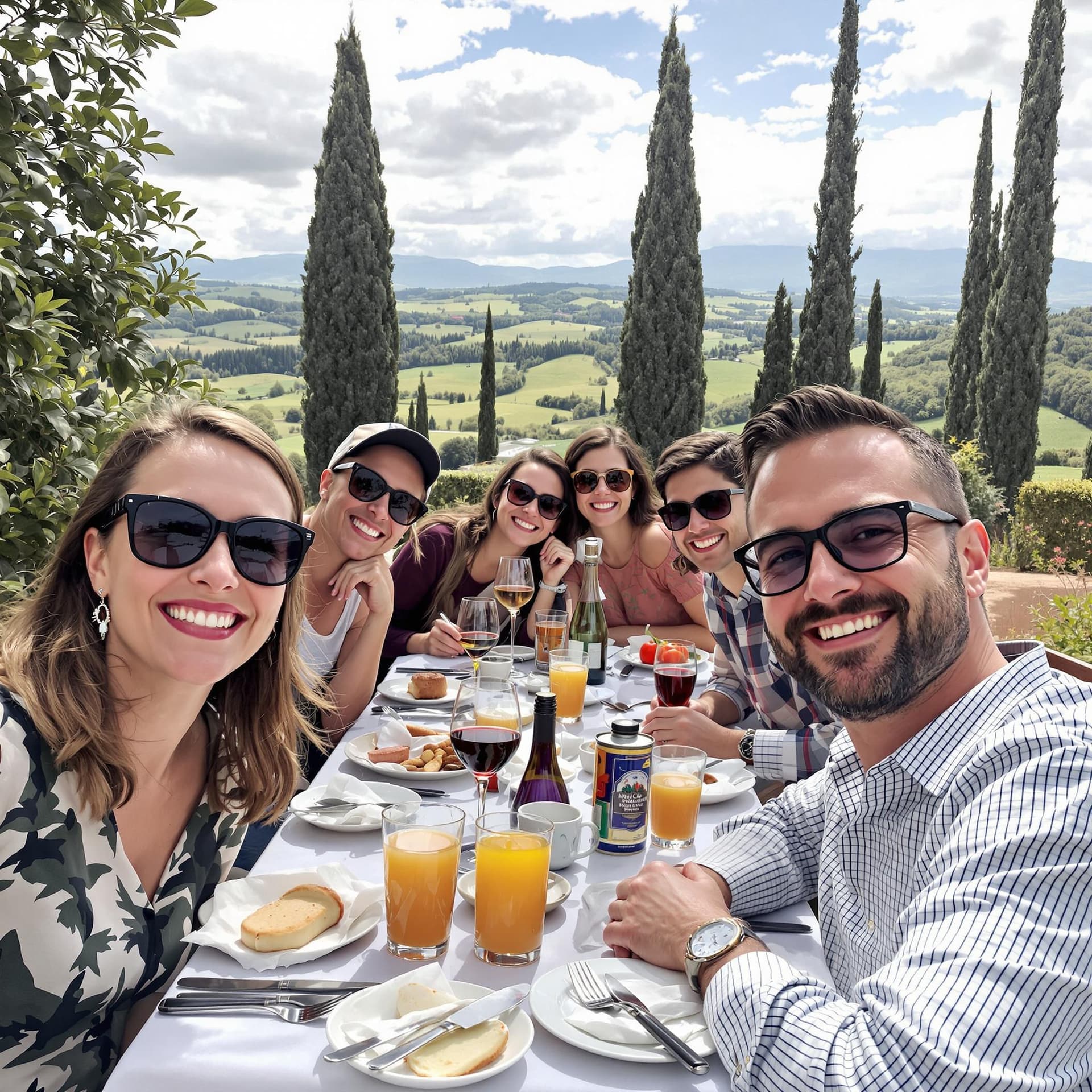 AI generated: people in a happy company retreat, tuscany, happy people, retreat, corporate retreat, group of cowor...