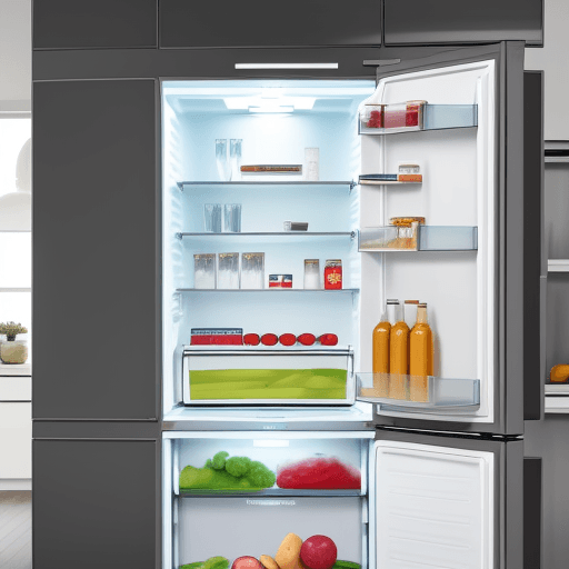 AI generated: a smart modern fridge with a window on its door to search for the missing product standing at the mo...