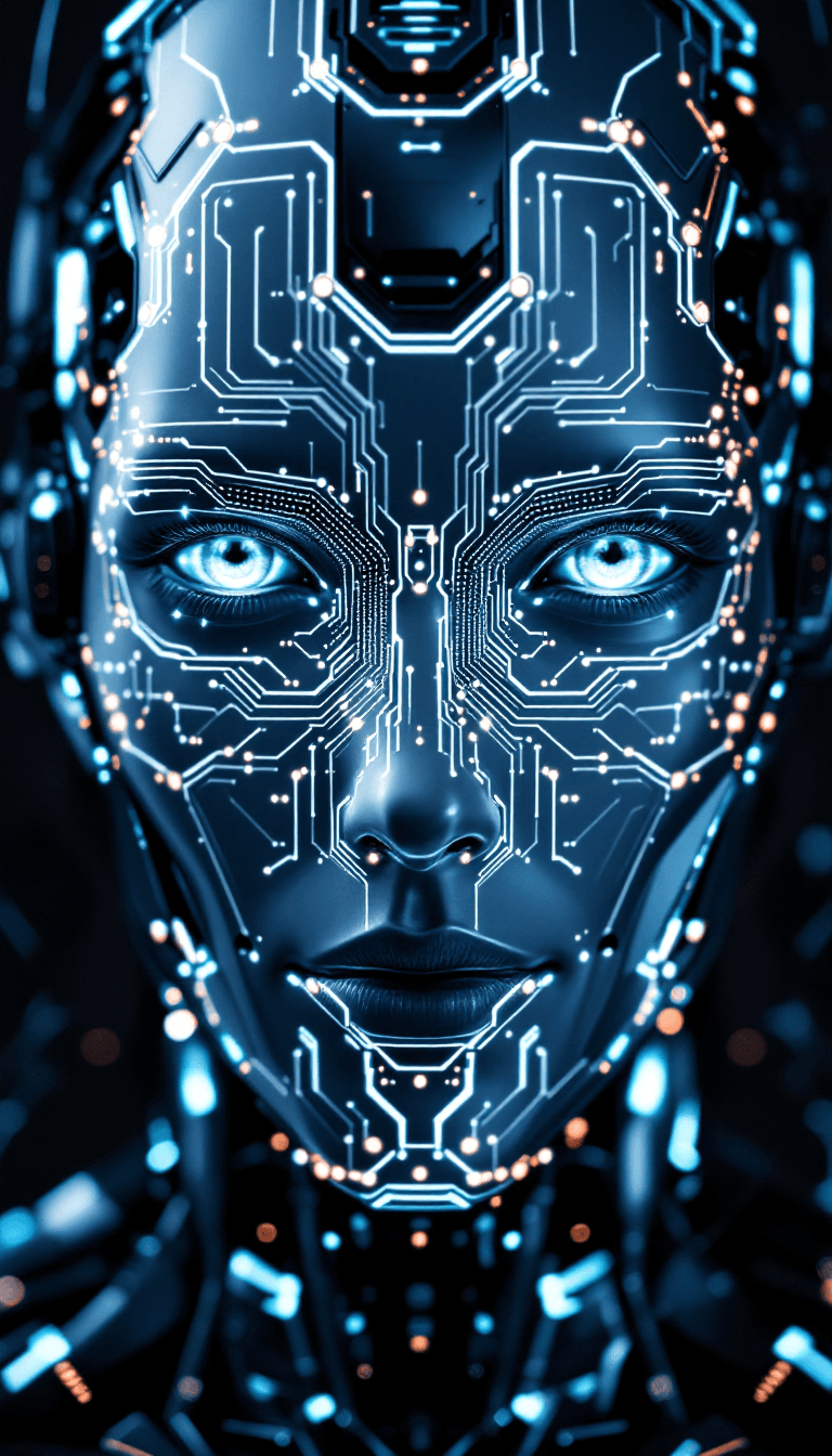 AI generated: Cybernetic Head with Intricate Patterns: A striking close-up of a humanoid robot’s head and upper sh...