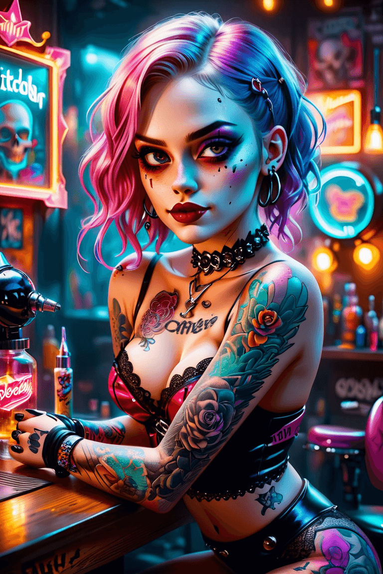 AI generated: a bold and edgy portrait of a harley quinn working in a vibrant, neon-lit bar. The woman exudes conf...