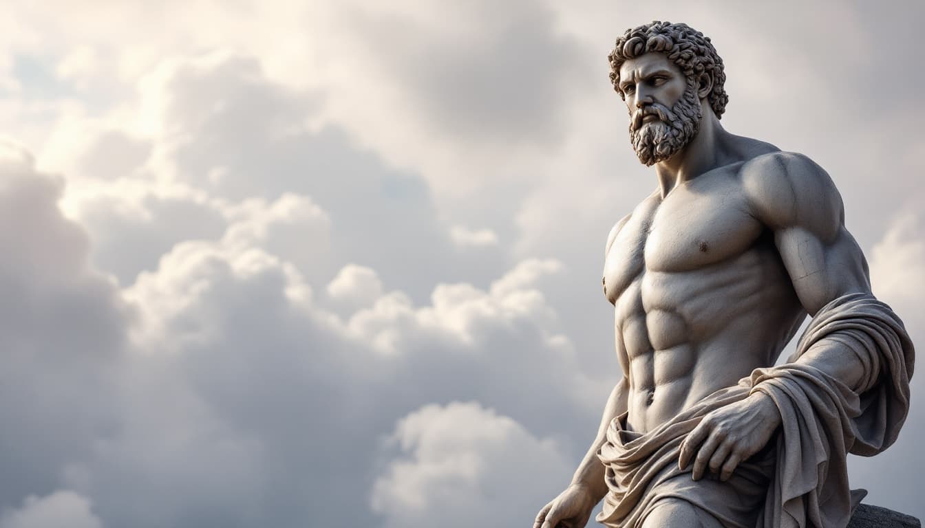 AI generated: muscular statue of a greek philosopher on a cloudy background.
