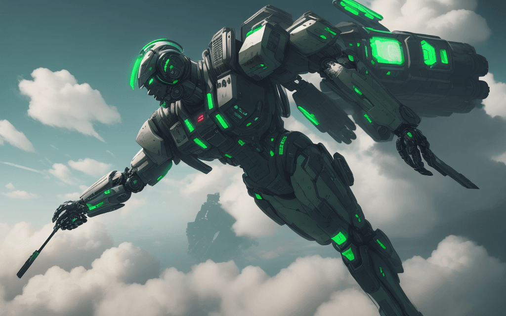 AI generated: a brutal man warrior wearing a future mech and falling off a cloud, a cartoon, pixiv, neo-dada, scre...