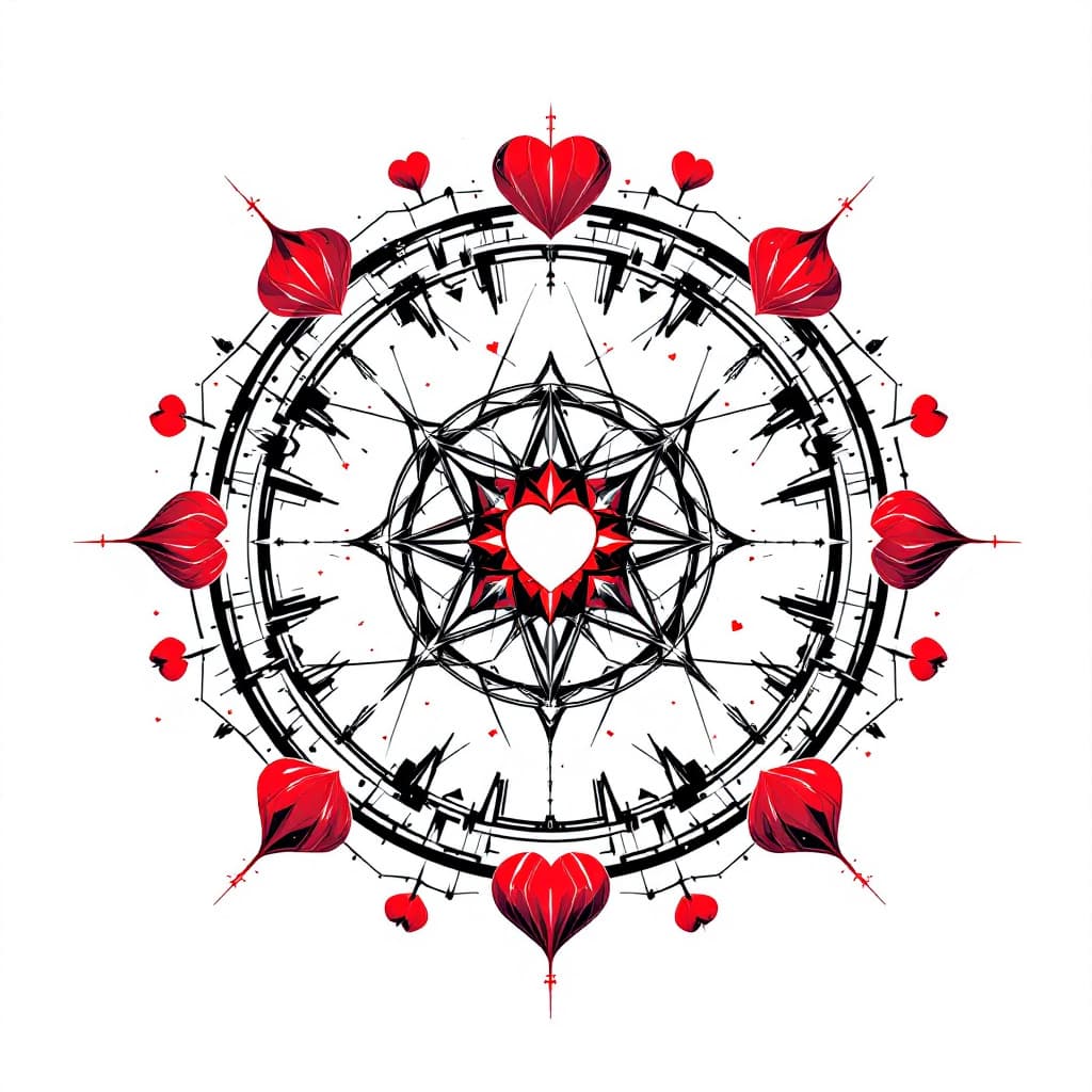 AI generated: A cyber punk unique  emblem in a circle with a hearts around the outside on a white background