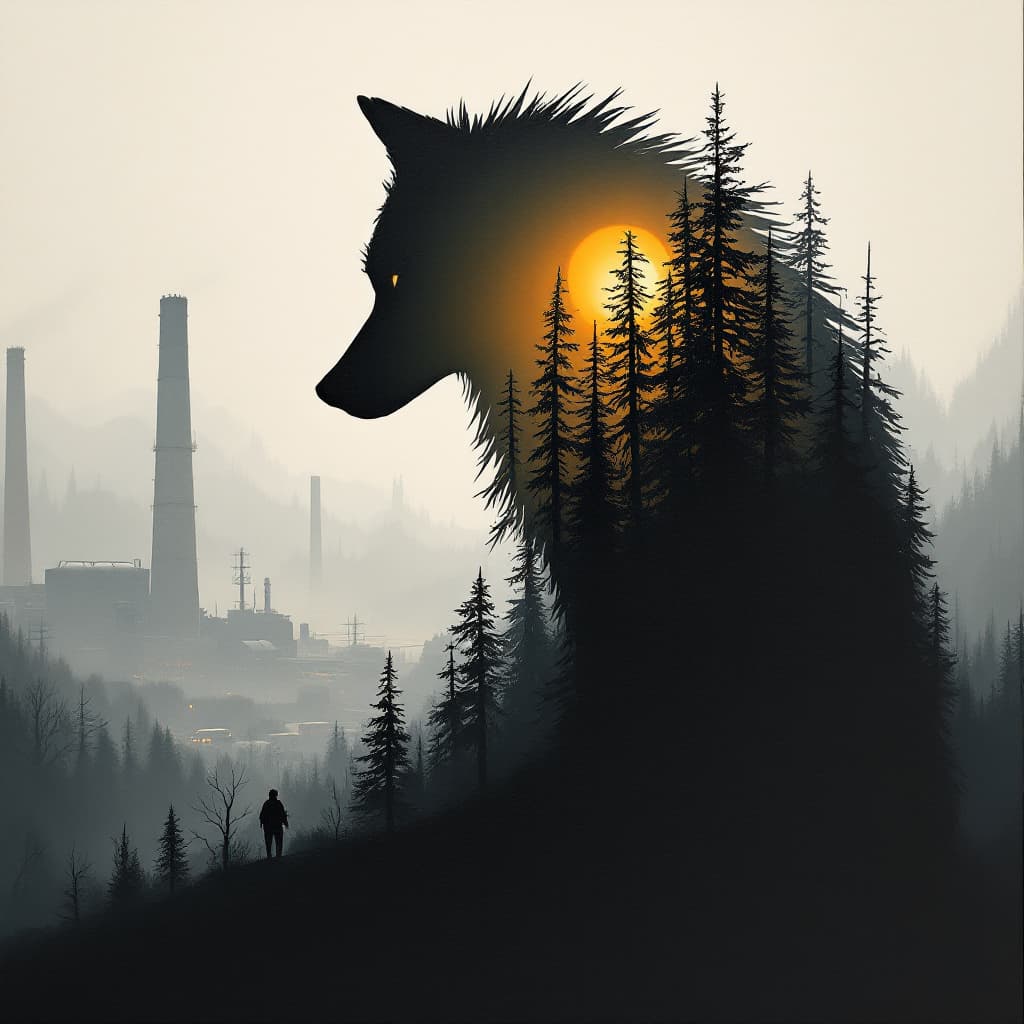 AI generated: oil painting, cardboard like silhouette of a wolf, head down, low tail, inside wolf silhouette, outl...