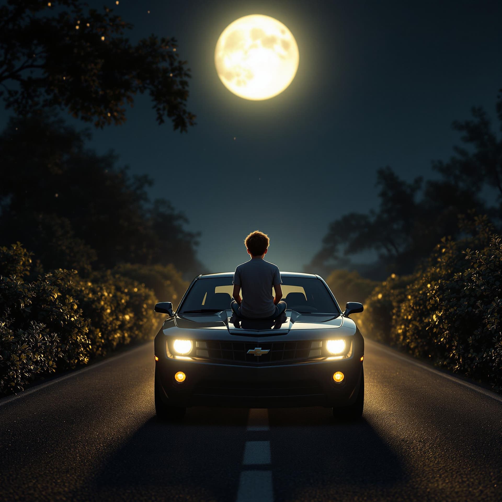 AI generated: 3D Render, 3D Scene, 3D Art, a boy sitting on the front hood of a car, his car facing backwards on a...