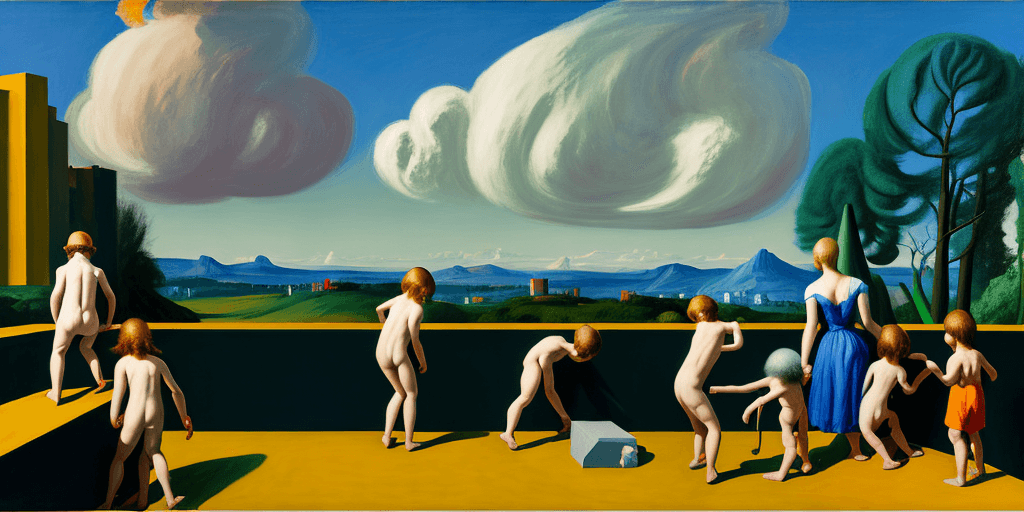 AI generated: neo rauch, edward hopper, david hockney, children playing on rooftop, people looking to horizon, epi...