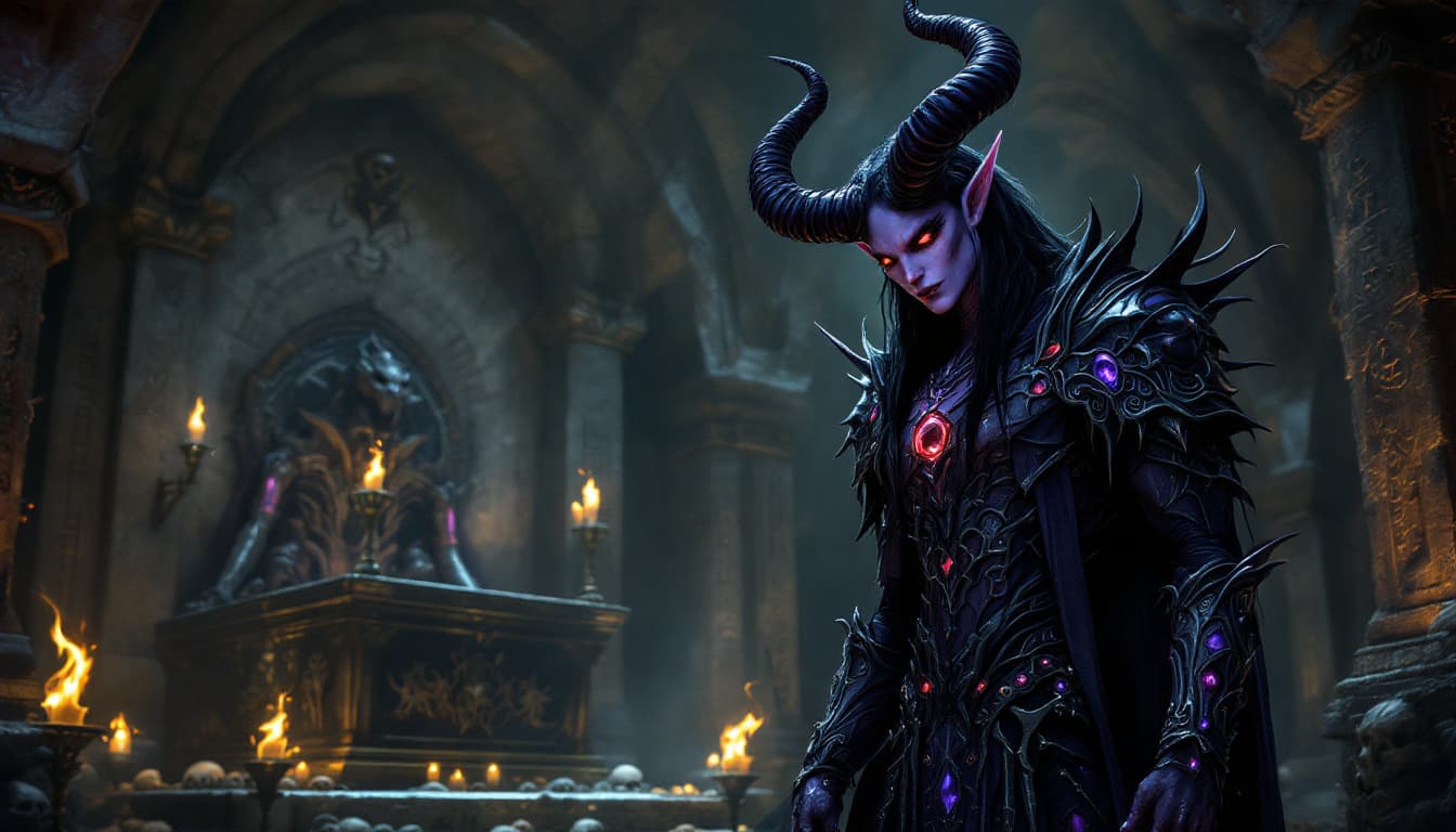 AI generated: In a shadowy crypt, a menacing demon with the refined facial features of a Dark Elf stands tall. Its...