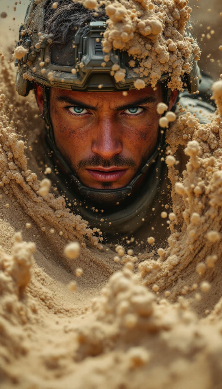 AI generated: Soldier dissolving into swirling sand, ultra-realistic, in the style of Marvel Comics, volumetric du...