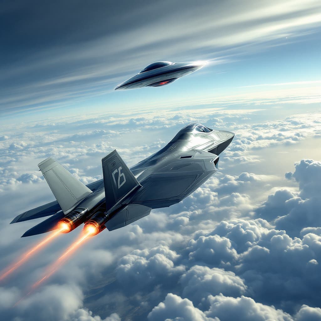 AI generated: F-22 jet fighter, dog fight with UFO.