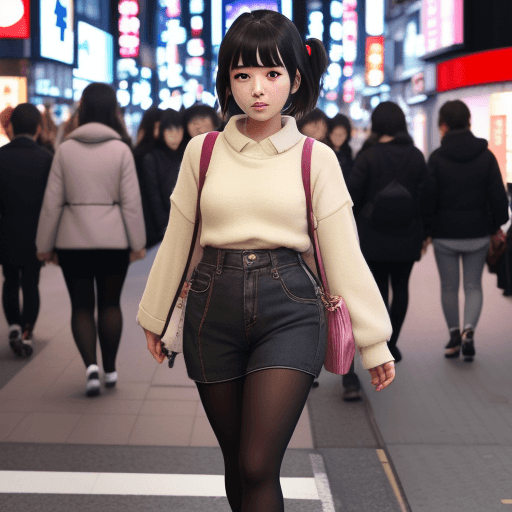 AI generated: japanese girl, in her 25s, trendy look, walking on shibuya, full face, kawaii, beautiful, top model