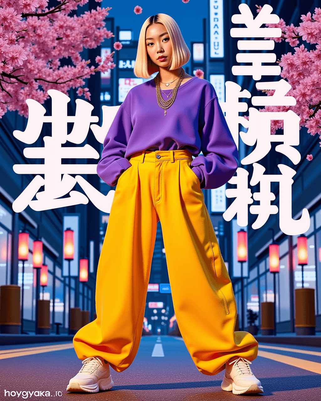 AI generated: A bold Japanese hyperrealistic advertising poster features a stunning Asian model with sleek, blonde...