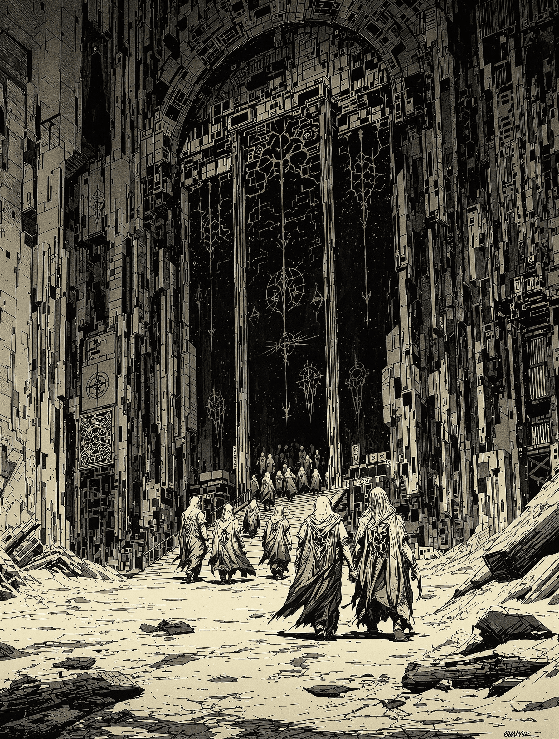 AI generated: /Artprompt Sci-fi, create a dystopian futuristic scene depicting (a group of strange mystical beings...