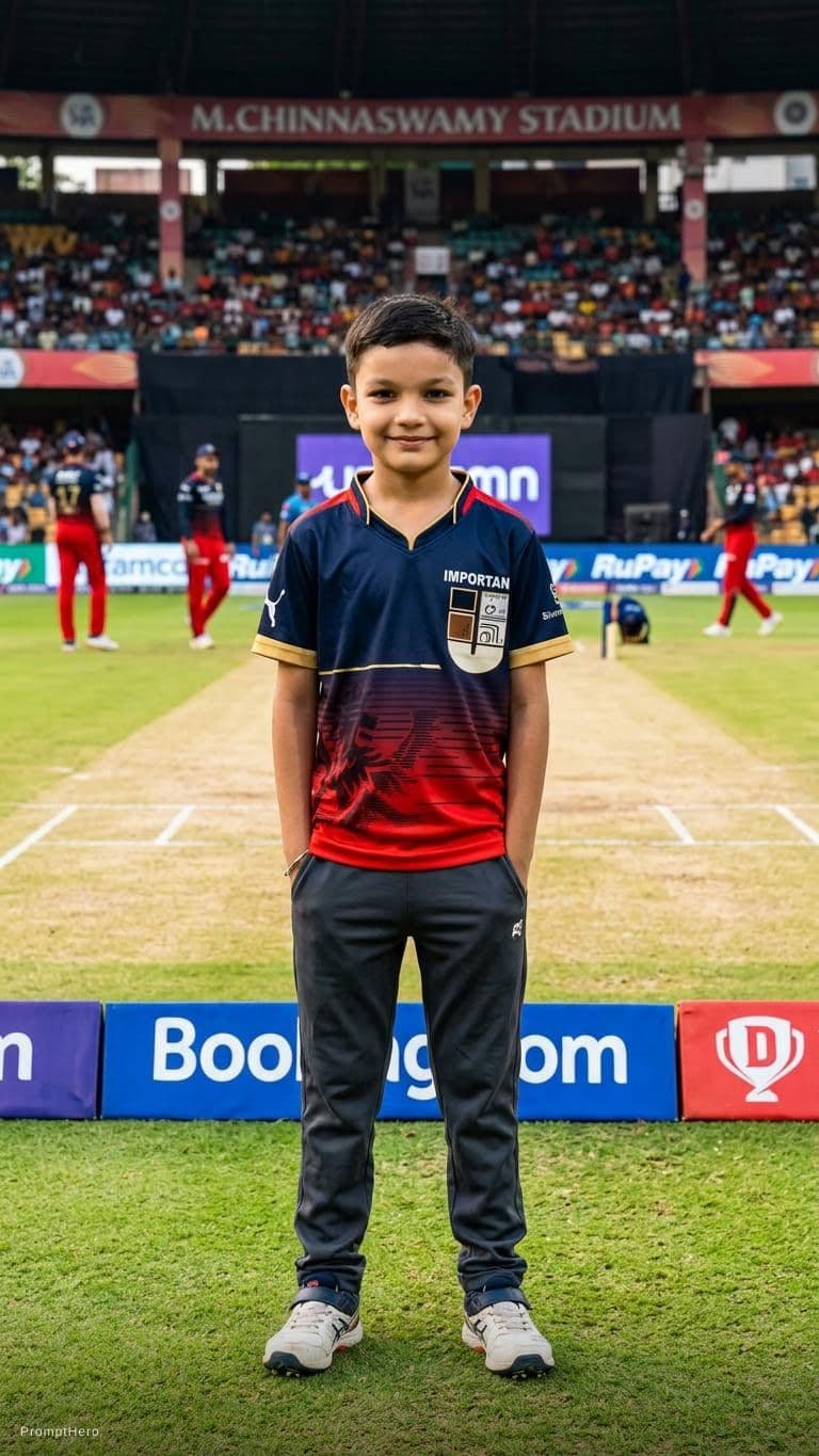 AI generated: Realistic HD cricket ground with RCB jersey .