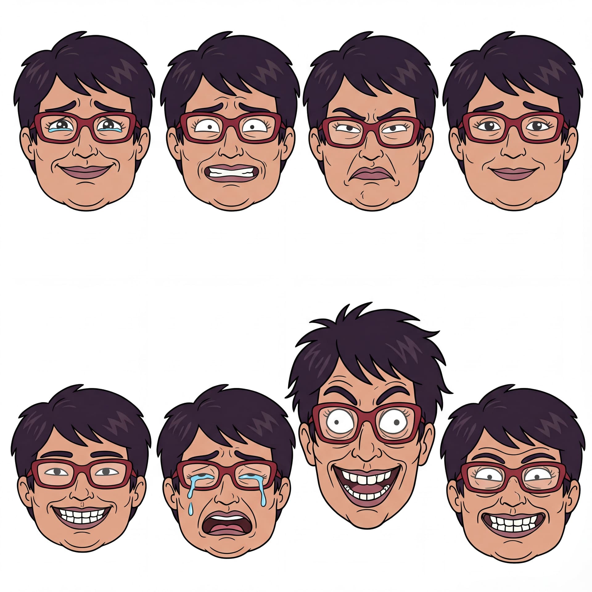 AI generated: Create different facial expressions. Character sheet. Sad expression with smile, Worried expression ...