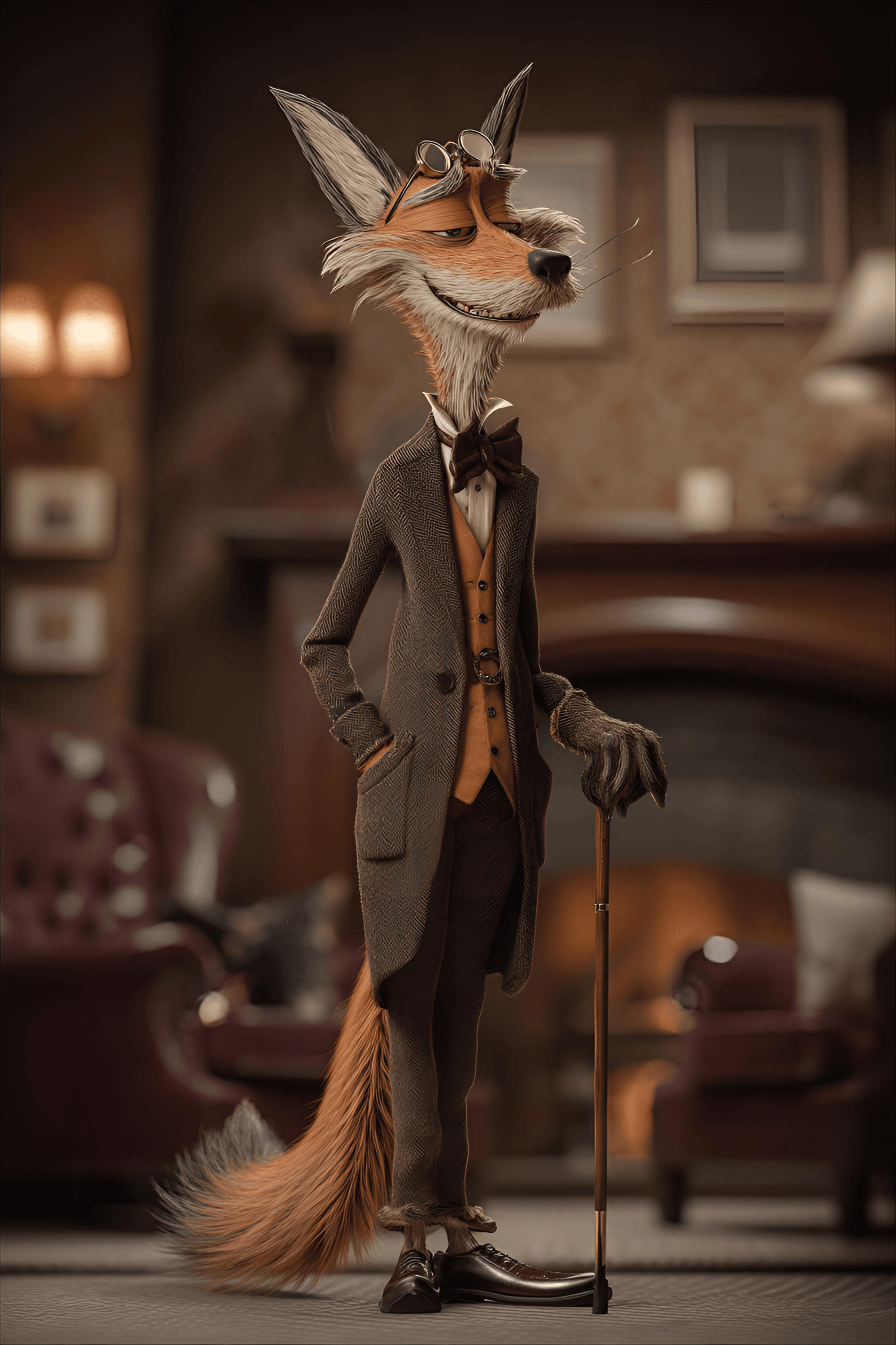 AI generated: funny caricature, dapper fox gentleman, 50 years old, sly, sophisticated, charming, elongated snout ...