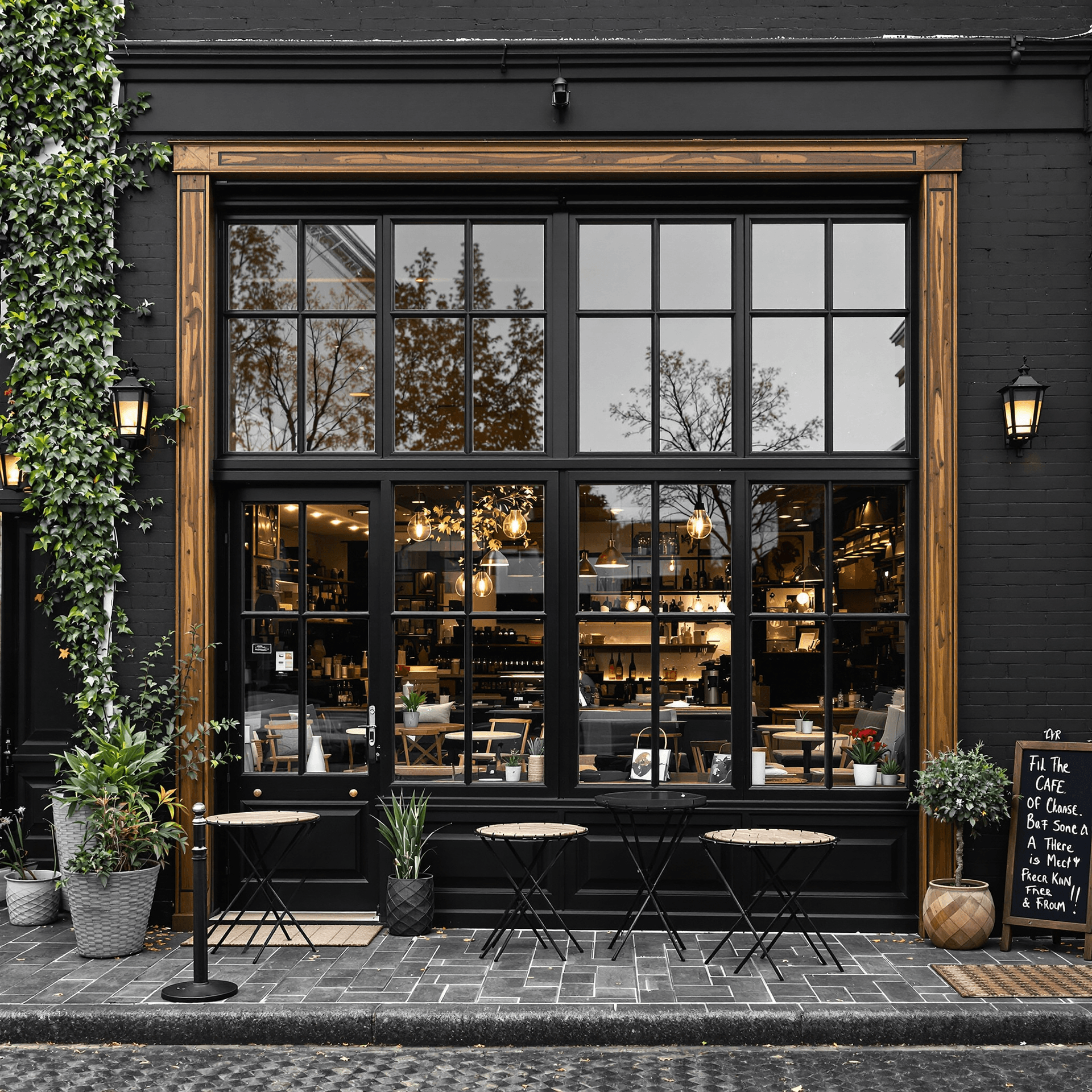 AI generated: depht of field, the facade of the cafe is black . with large windows and wood trim . realism outdoor...